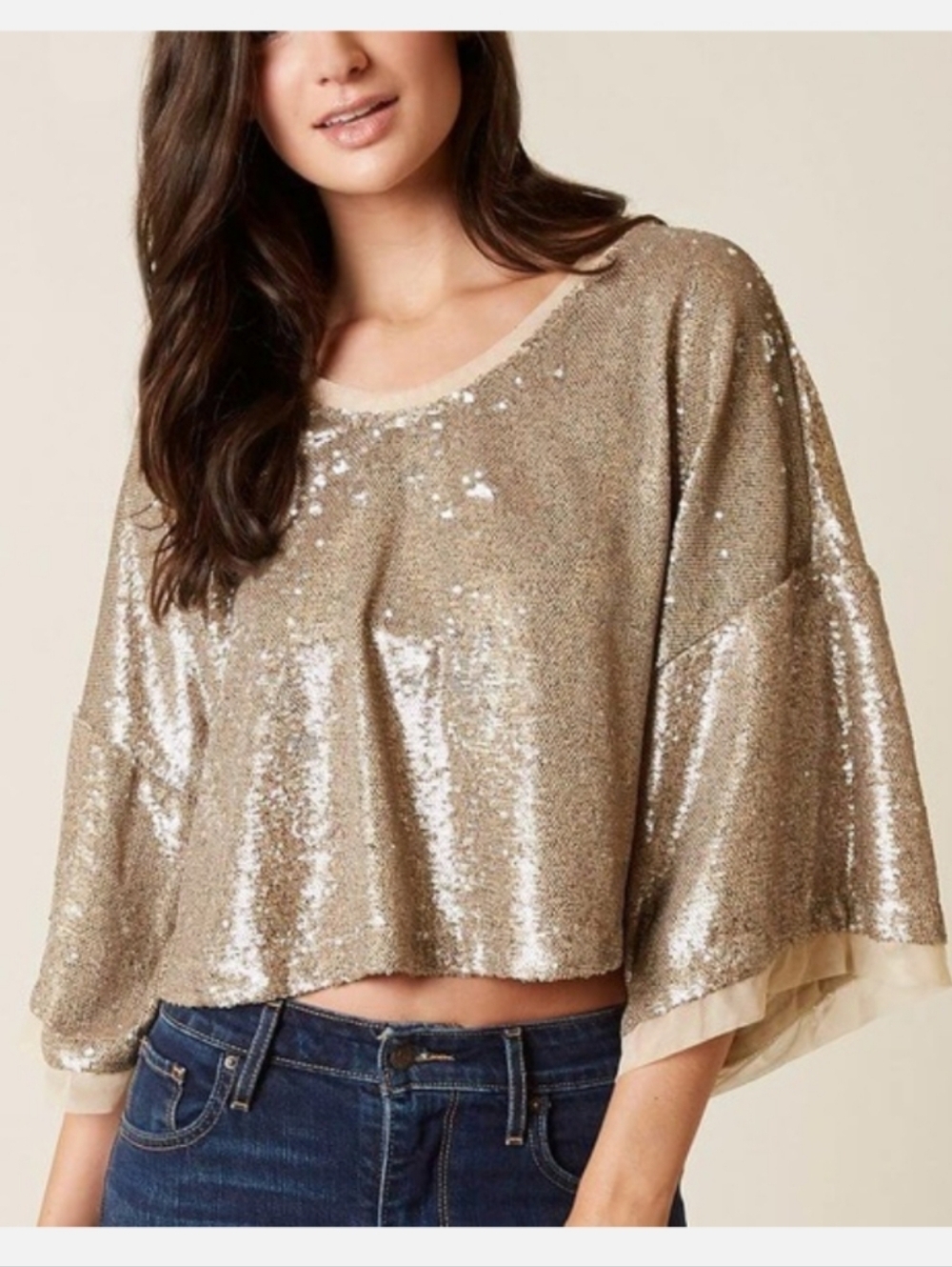 FREE PEOPLE metallic gold sequin dolman sleeve top - size small
